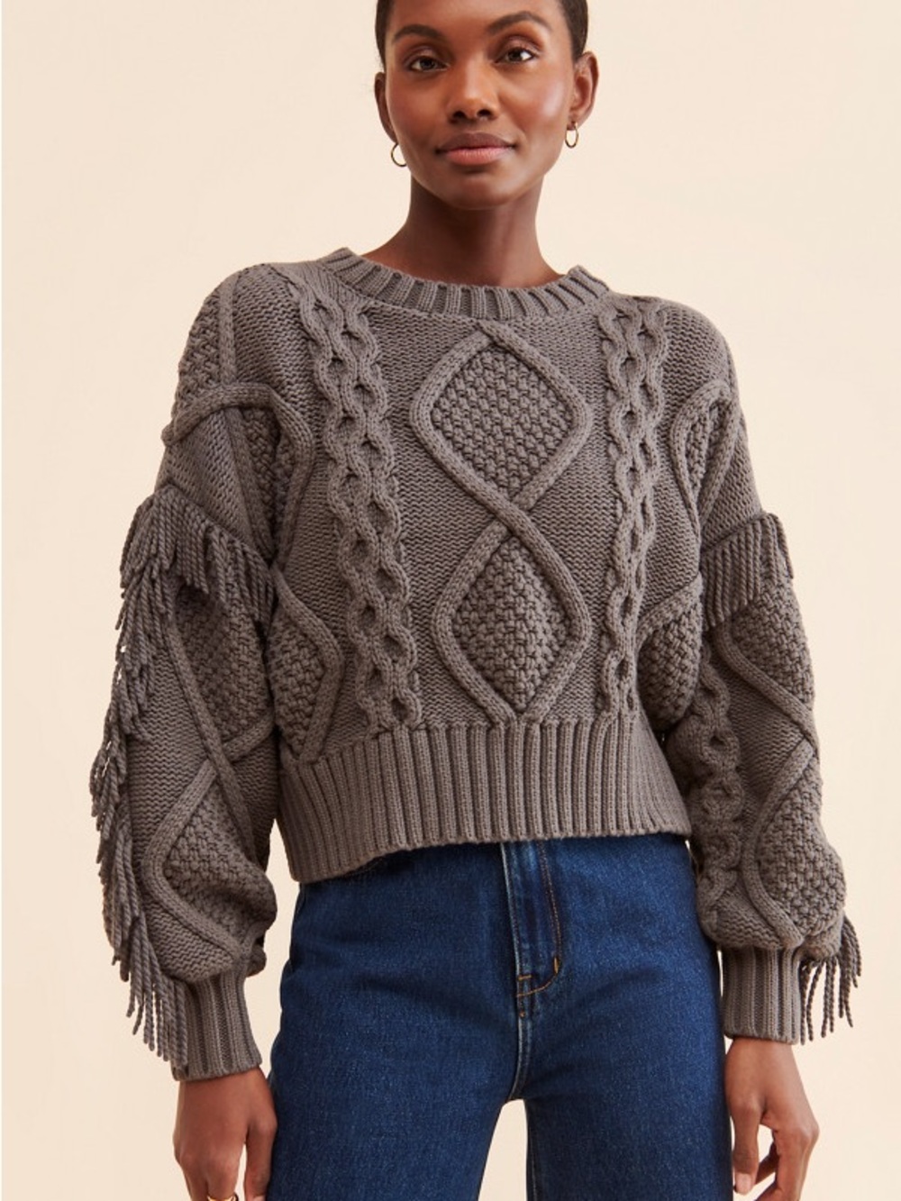 Line & Dot Gray Cable-Knit Fringe Crewneck Sweater